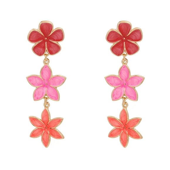 Three Tier Pink Floral Flower Drip Oil Enamel Drop Earrings NEW - Picture 7 of 8
